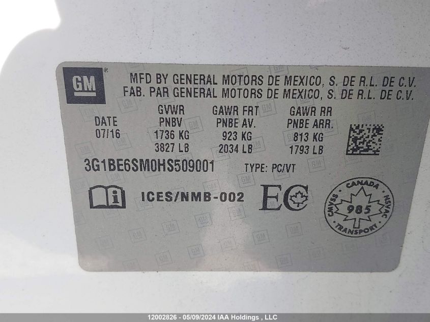 2017 Chevrolet Cruze VIN: 3G1BE6SM0HS509001 Lot: 12002826