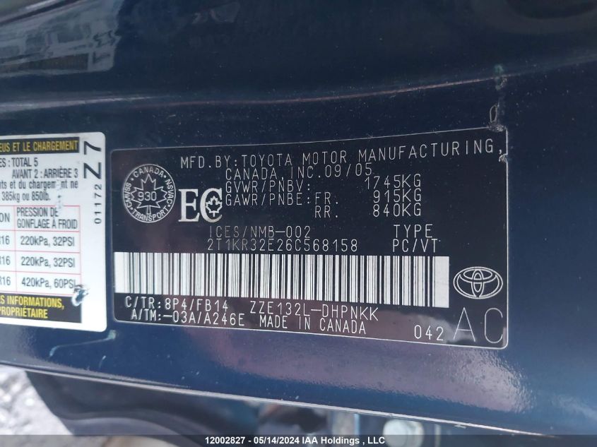 2006 Toyota Matrix VIN: 2T1KR32E26C568158 Lot: 12002827