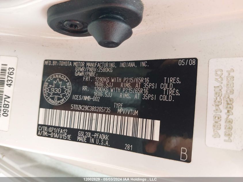 2008 Toyota Sienna Ce VIN: 5TDZK29C38S205735 Lot: 12002829