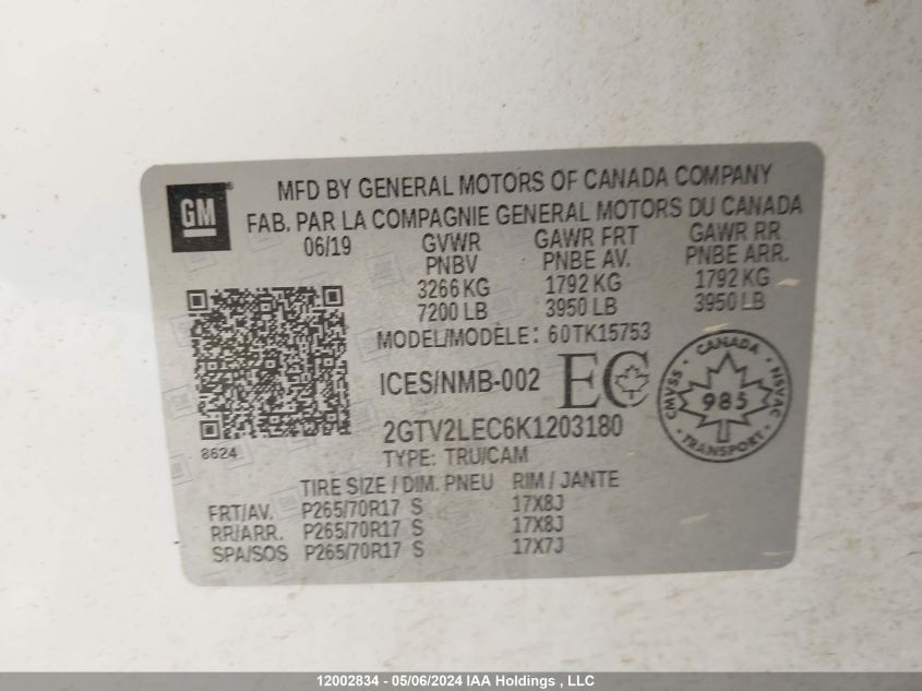 2019 GMC Sierra 1500 Limited VIN: 2GTV2LEC6K1203180 Lot: 12002834
