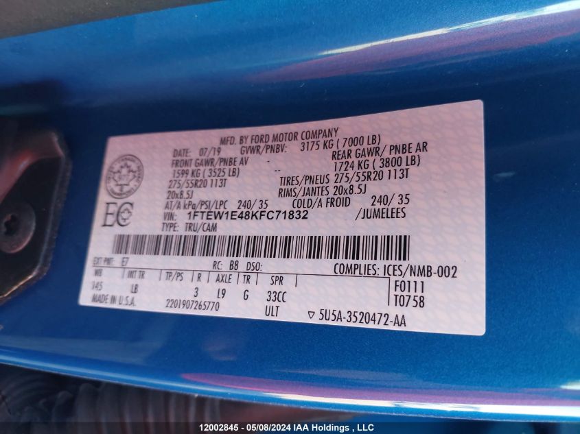 2019 Ford F150 Supercrew VIN: 1FTEW1E48KFC71832 Lot: 12002845