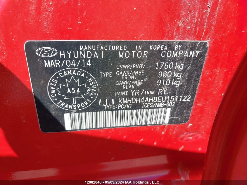 2014 Hyundai Elantra Limited VIN: KMHDH4AH8EU151122 Lot: 12002848