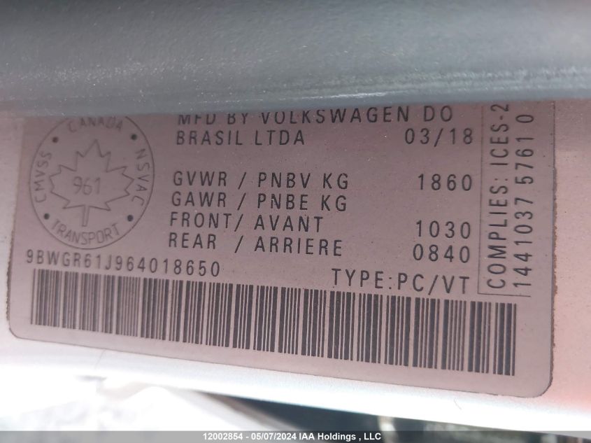 2006 Volkswagen Golf VIN: 9BWGR61J964018650 Lot: 12002854