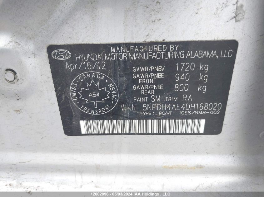 2013 Hyundai Elantra Gls/Limited VIN: 5NPDH4AE4DH168020 Lot: 12002896