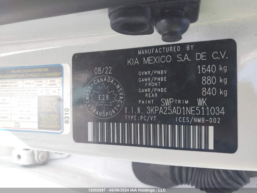 2022 Kia Rio 5-Door VIN: 3KPA25AD1NE511034 Lot: 12002897
