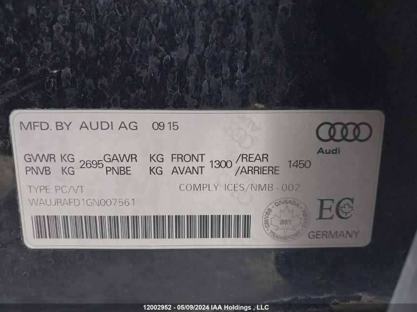 2016 Audi A8 Quattro VIN: WAUJRAFD1GN007561 Lot: 12002952