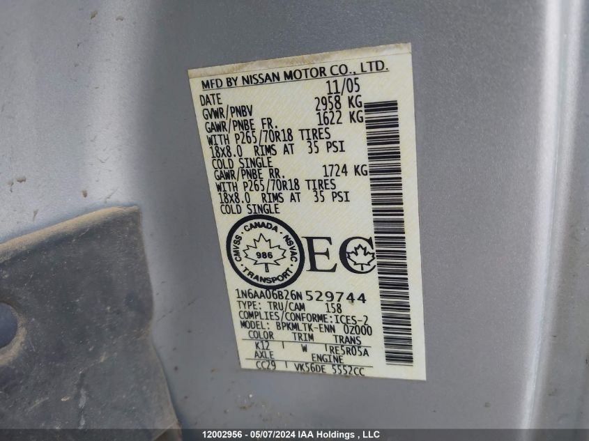 2006 Nissan Titan Xe/Se/Le VIN: 1N6AA06B26N529744 Lot: 12002956