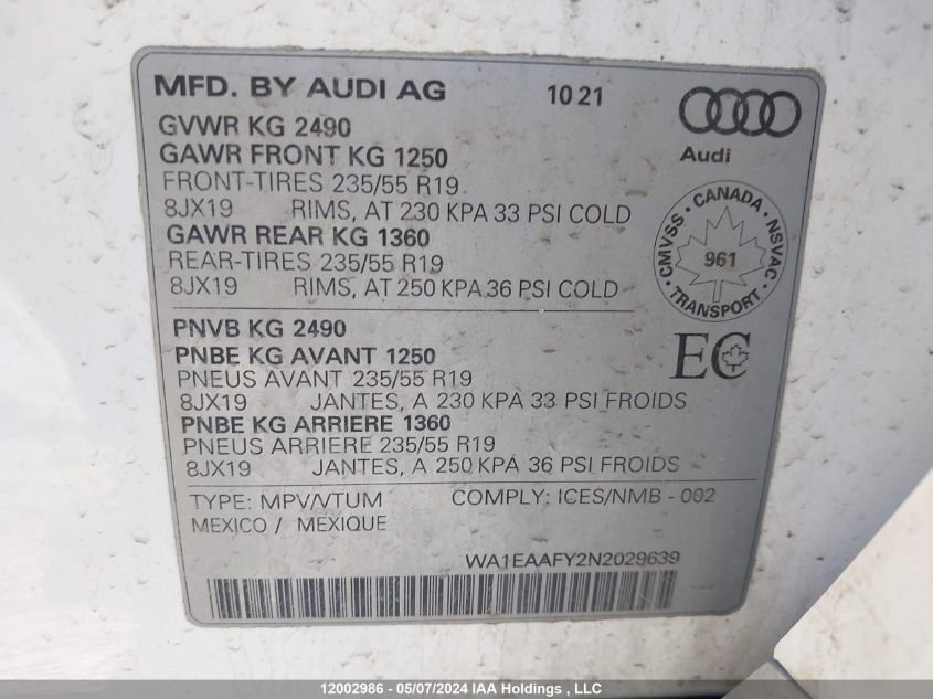 2022 Audi Q5 VIN: WA1EAAFY2N2029639 Lot: 12002986