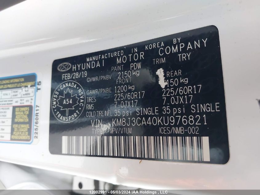 2019 Hyundai Tucson Preferred VIN: KM8J3CA40KU976821 Lot: 12002991