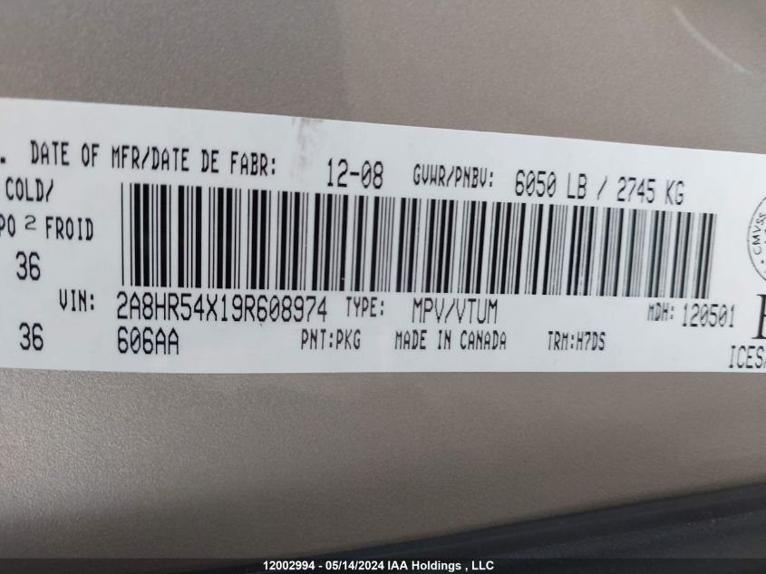 2009 Chrysler Town & Country Touring VIN: 2A8HR54X19R608974 Lot: 12002994