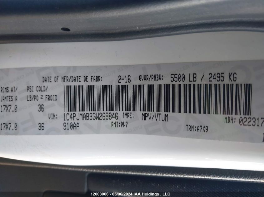 2016 Jeep Cherokee Sport VIN: 1C4PJMAB3GW269846 Lot: 12003006