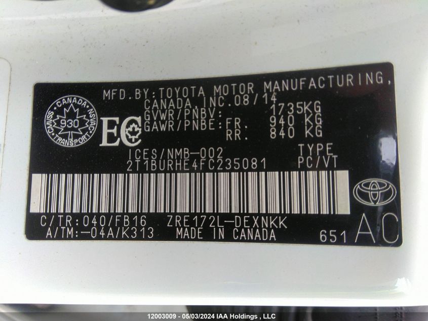 2015 Toyota Corolla Ce/Le/S VIN: 2T1BURHE4FC235081 Lot: 12003009