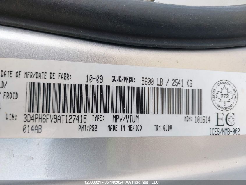 2010 Dodge Journey R/T VIN: 3D4PH6FV9AT127415 Lot: 12003021