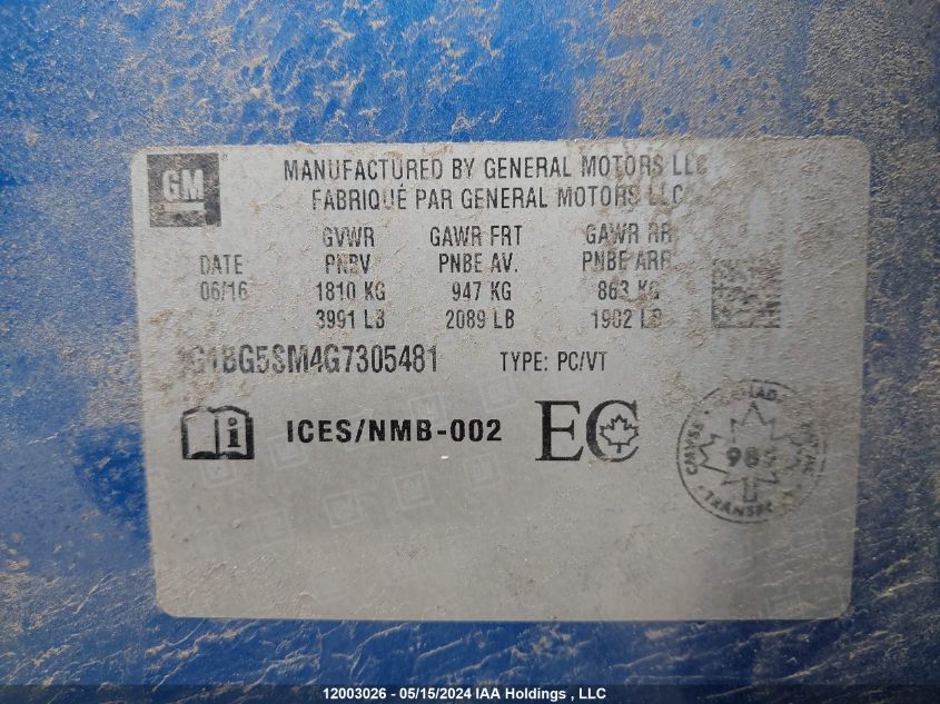 2016 Chevrolet Cruze VIN: 1G1BG5SM4G7305481 Lot: 12003026