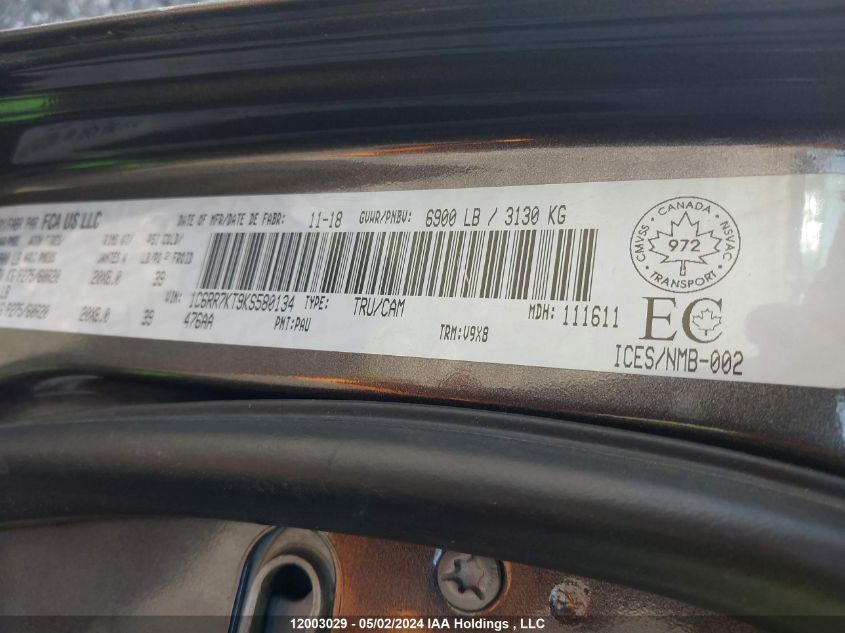 2019 Ram 1500 Classic Tradesman VIN: 1C6RR7KT9KS580134 Lot: 12003029