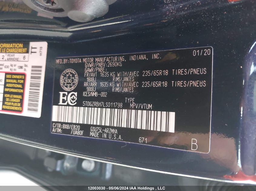 2020 Toyota Highlander Xle VIN: 5TDGZRBH7LS011798 Lot: 12003030