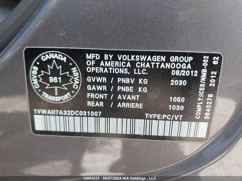 2013 Volkswagen Passat S VIN: 1VWAH7A32DC031007 Lot: 12003033