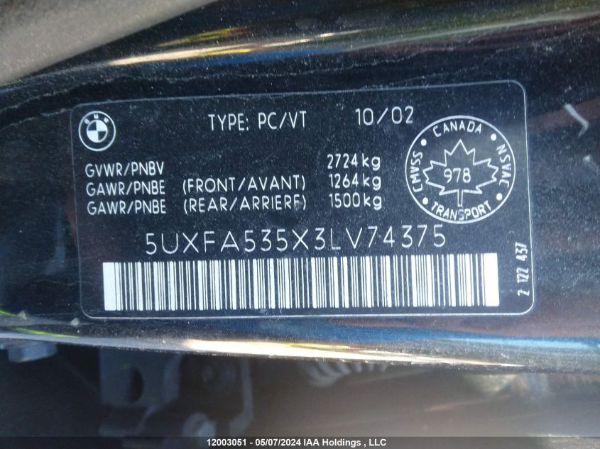 2003 BMW X5 3.0I VIN: 5UXFA535X3LV74375 Lot: 12003051