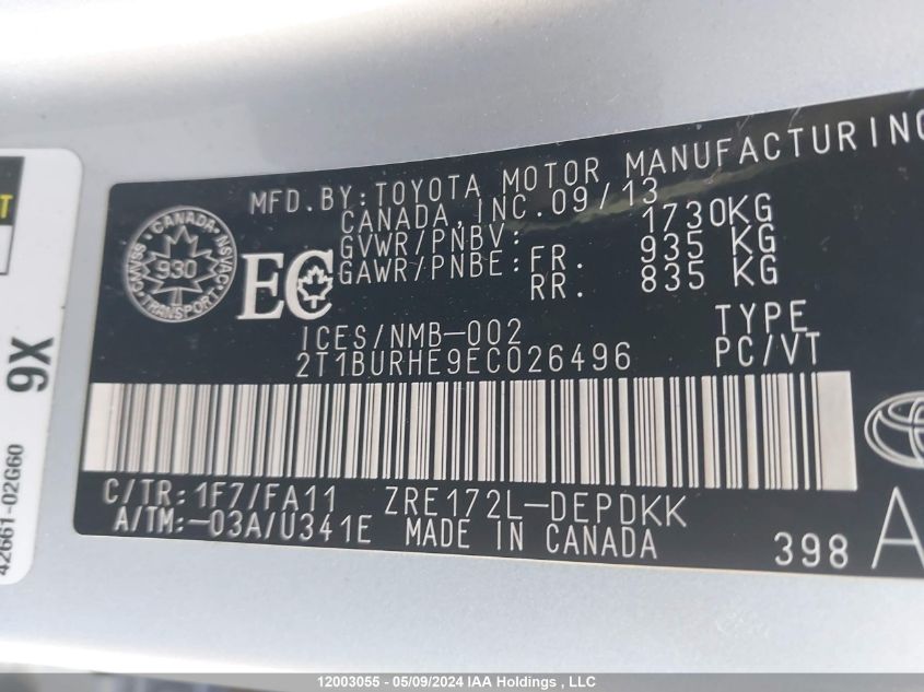 2014 Toyota Corolla Ce/Le/S VIN: 2T1BURHE9EC026496 Lot: 12003055