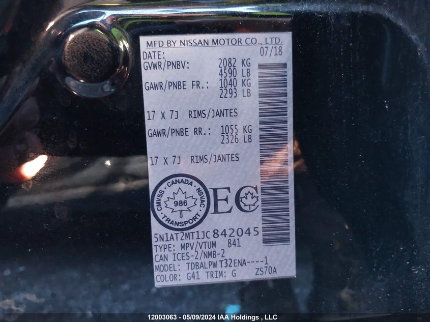 2018 Nissan Rogue VIN: 5N1AT2MT1JC842045 Lot: 12003063