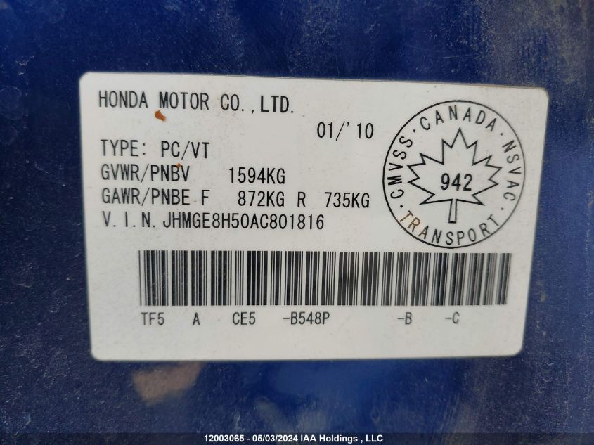 2010 Honda Fit VIN: JHMGE8H50AC801816 Lot: 12003065