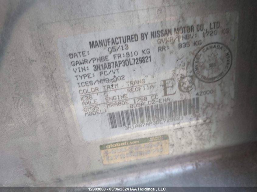 2013 Nissan Sentra S/Sv/Sr/Sl VIN: 3N1AB7AP3DL729821 Lot: 12003068