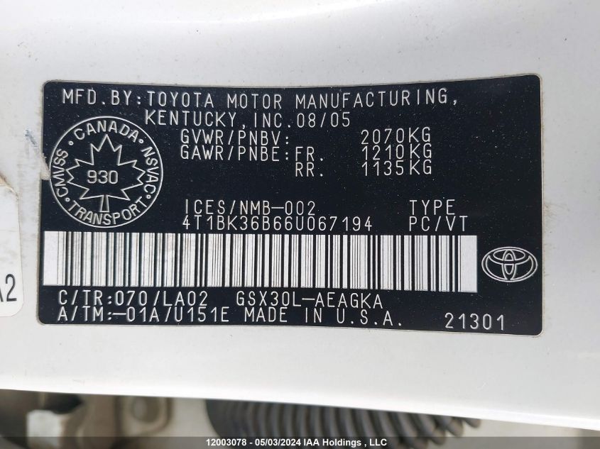 2006 Toyota Avalon Xl/Xls/Touring/Limited VIN: 4T1BK36B66U067194 Lot: 12003078