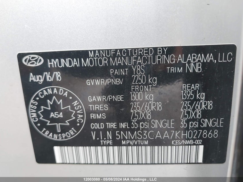 2019 Hyundai Santa Fe Luxury VIN: 5NMS3CAA7KH027868 Lot: 12003080