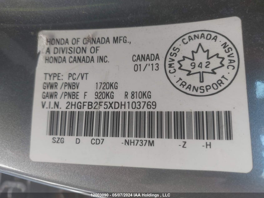 2013 Honda Civic Lx VIN: 2HGFB2F5XDH103769 Lot: 12003090