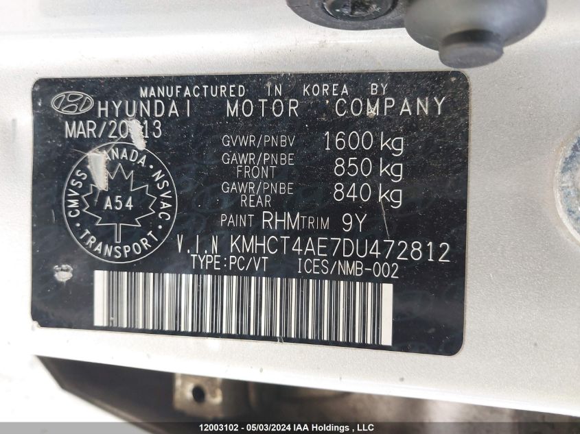 2013 Hyundai Accent Gls/Gs VIN: KMHCT4AE7DU472812 Lot: 12003102