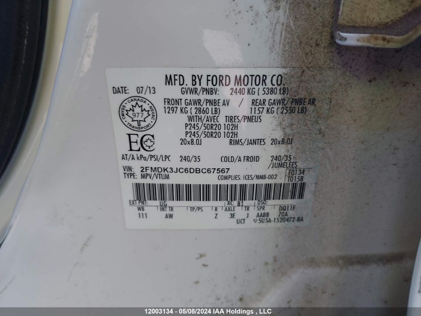 2013 Ford Edge Sel VIN: 2FMDK3JC6DBC67567 Lot: 12003134