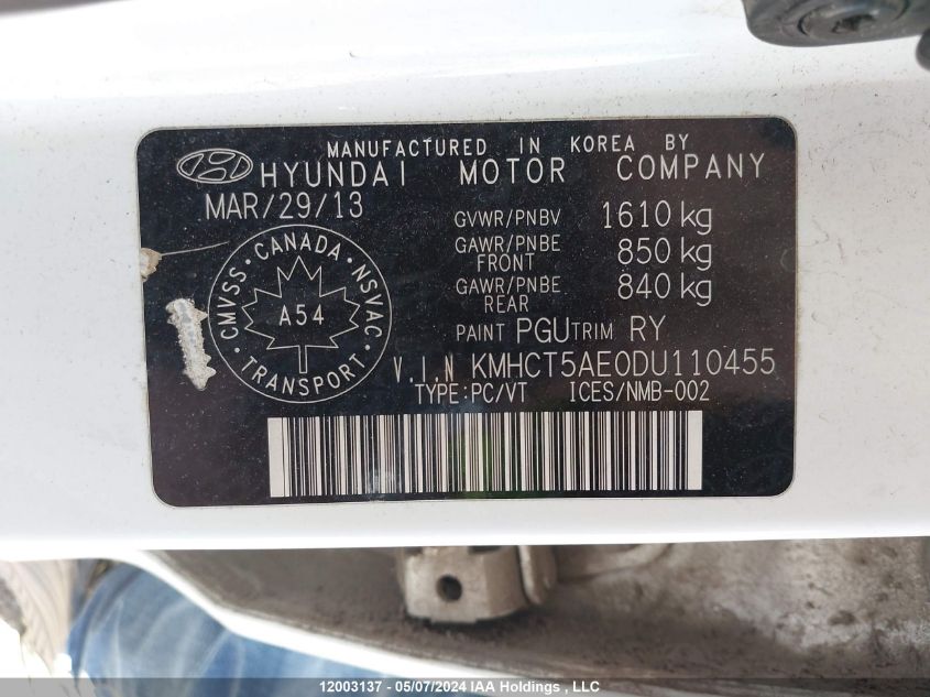 2013 Hyundai Accent VIN: KMHCT5AE0DU110455 Lot: 12003137