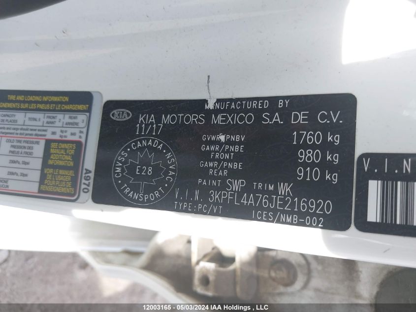 2018 Kia Forte VIN: 3KPFL4A76JE216920 Lot: 12003165