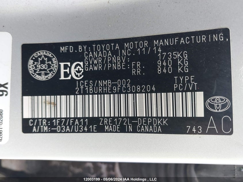 2015 Toyota Corolla L/Le/Le Pls/Prm/S/S Pls VIN: 2T1BURHE9FC308204 Lot: 12003199