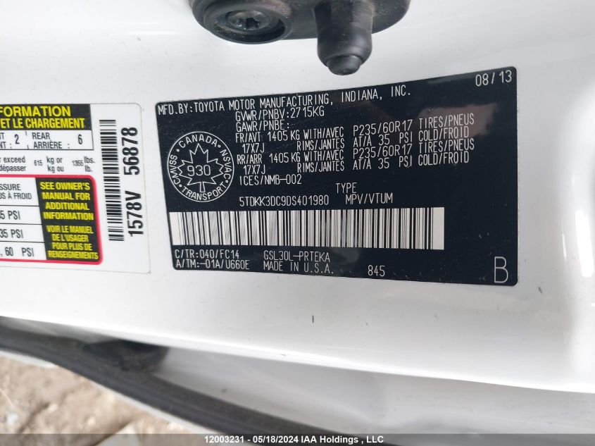 2013 Toyota Sienna VIN: 5TDKK3DC9DS401980 Lot: 12003231