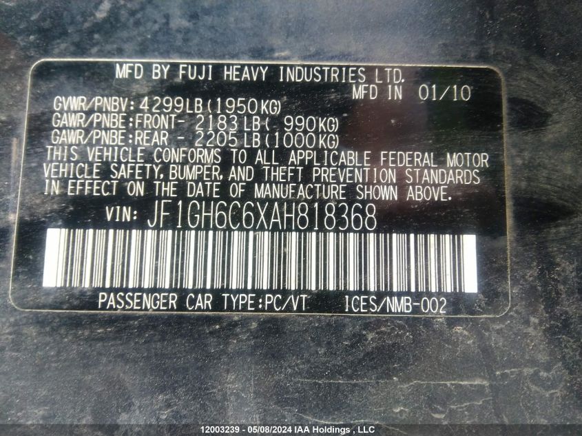 2010 Subaru Impreza 2.5I VIN: JF1GH6C6XAH818368 Lot: 12003239