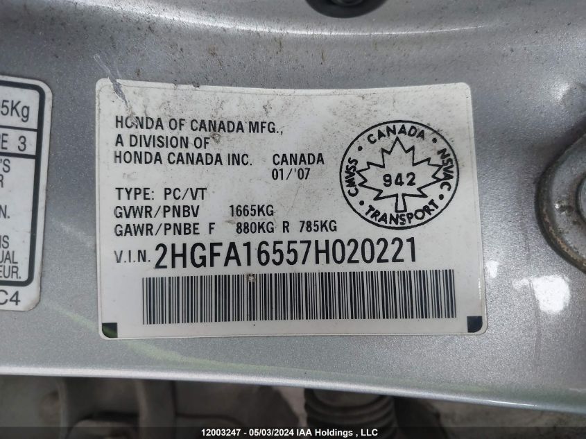 2007 Honda Civic Lx VIN: 2HGFA16557H020221 Lot: 12003247