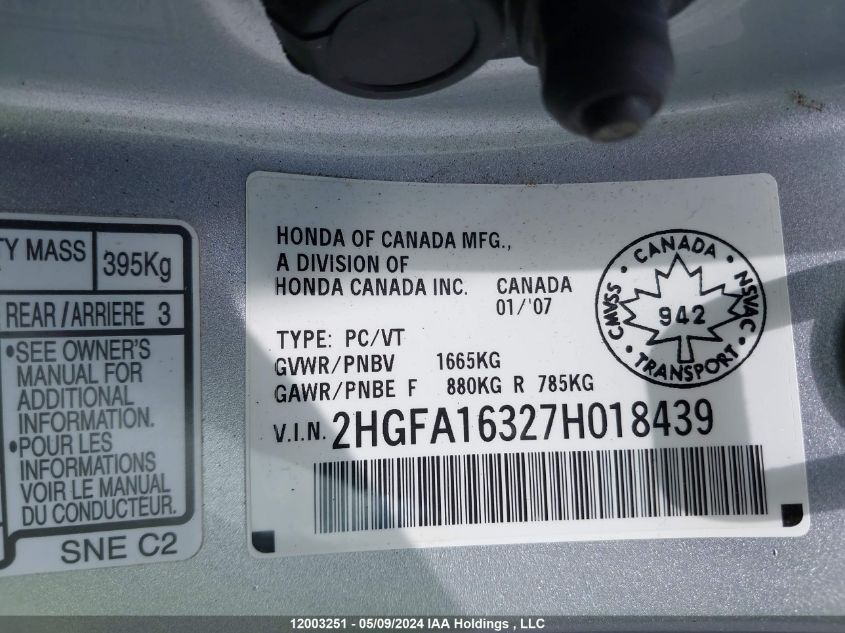 2007 Honda Civic Sdn VIN: 2HGFA16327H018439 Lot: 12003251