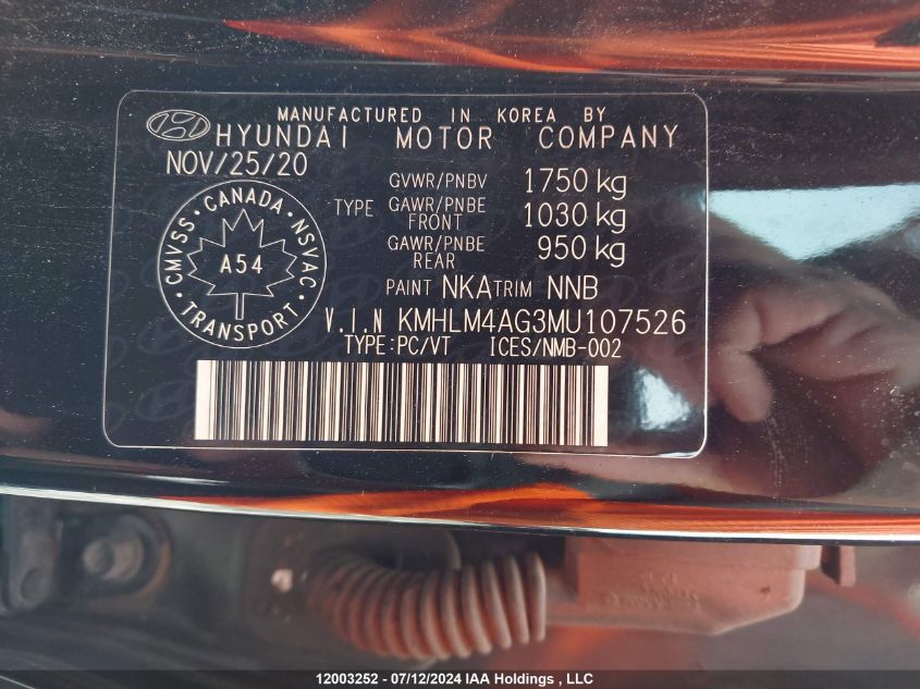 2021 Hyundai Elantra VIN: KMHLM4AG3MU107526 Lot: 12003252