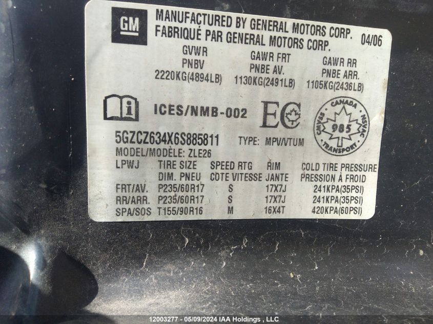 2006 Saturn Vue VIN: 5GZCZ634X6S885811 Lot: 12003277