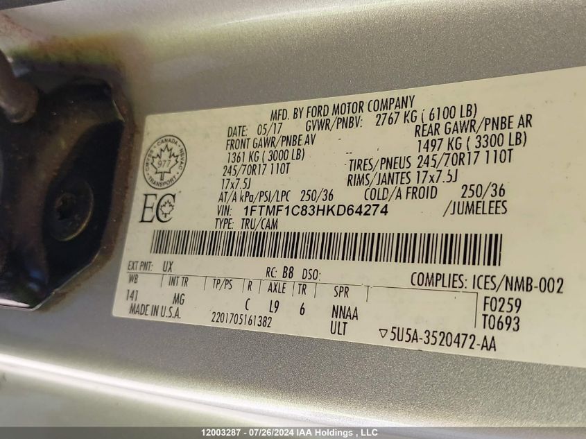 2017 Ford F-150 Xlt VIN: 1FTMF1C83HKD64274 Lot: 12003287