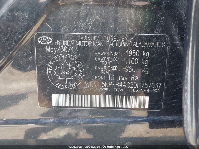 2013 Hyundai Sonata Gls VIN: 5NPEB4AC2DH757037 Lot: 12003308