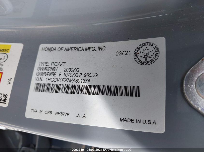 2021 Honda Accord Sedan VIN: 1HGCV1F97MA801374 Lot: 12003319