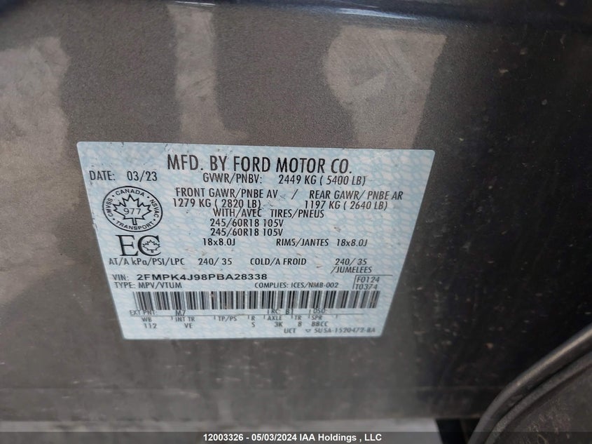 2023 Ford Edge Sel VIN: 2FMPK4J98PBA28338 Lot: 12003326