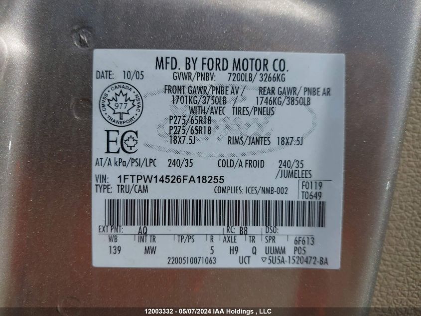 2006 Ford F-150 VIN: 1FTPW14526FA18255 Lot: 12003332