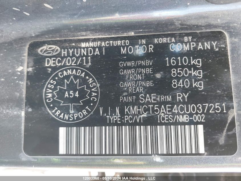 2012 Hyundai Accent Gls/Gs VIN: KMHCT5AE4CU037251 Lot: 12003360