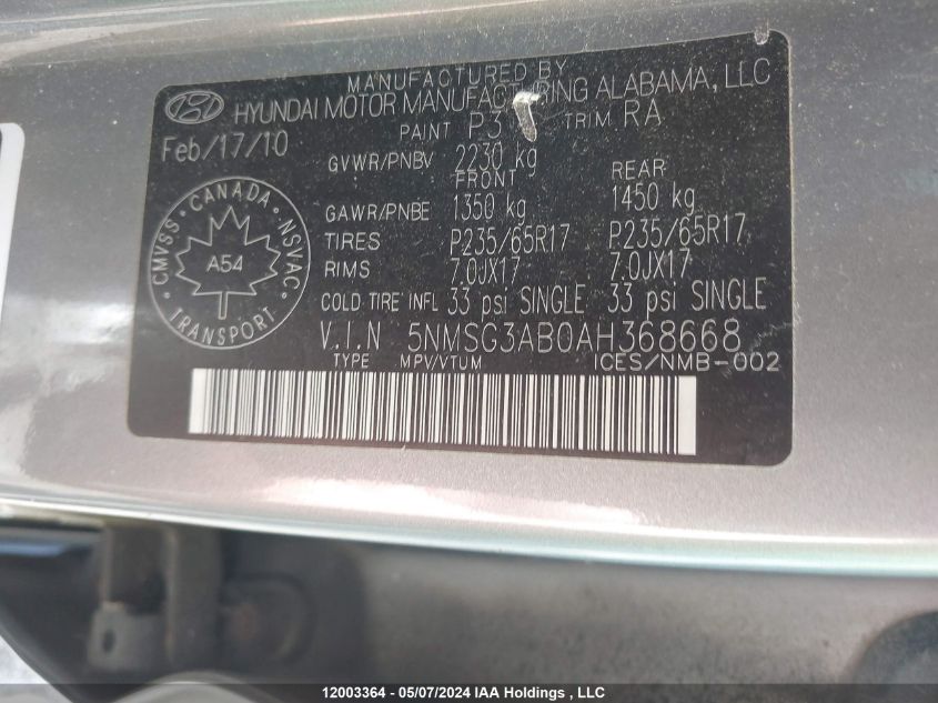 2010 Hyundai Santa Fe VIN: 5NMSG3AB0AH368668 Lot: 12003364