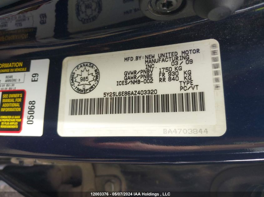 2010 Pontiac Vibe VIN: 5Y2SL6E86AZ403320 Lot: 12003376