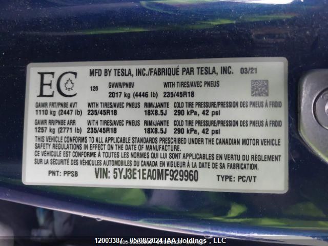 2021 Tesla Model 3 VIN: 5YJ3E1EA0MF929960 Lot: 12003387