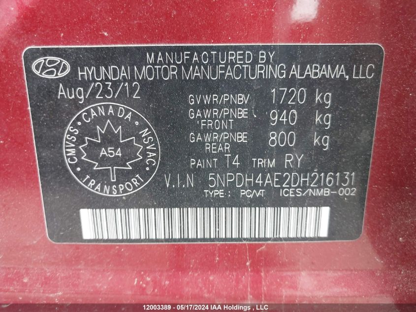 2013 Hyundai Elantra Gls/Limited VIN: 5NPDH4AE2DH216131 Lot: 12003389